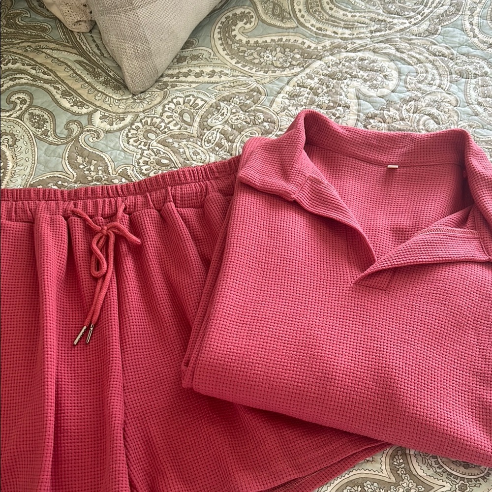 Pink Waffle Knit Lounge Set - Cozy Two-Piece